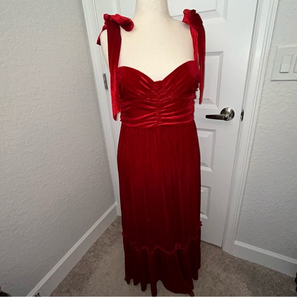 New, So Me Velour Tie Strap Ruffle Maxi Dress